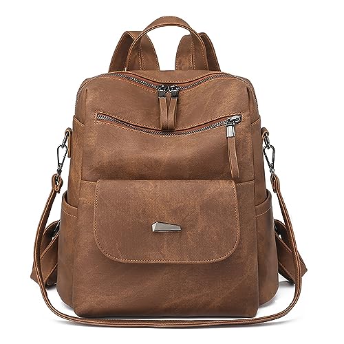 FASNAHOK PU Leder Rucksack Geldbörse für Frauen Mode Reise Rucksack Cabrio Damen Schulter Satchel Taschen, Kaffee, Daypack Rucksäcke von FASNAHOK