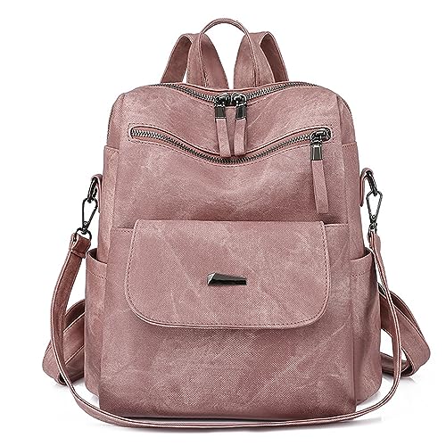 FASNAHOK PU Leder Rucksack Geldbörse für Frauen Mode Reise Rucksack Cabrio Damen Schulter Satchel Taschen, Pink, Small, Daypack Rucksäcke von FASNAHOK