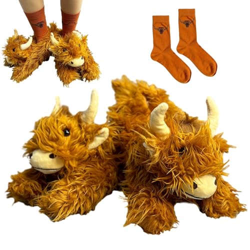 FASSME Highland Cow Hausschuhe,Highland Cow Hausschuhe für Damen, Flauschige Cartoon-Plüsch-Hausschuhe-Socken, Gemütliche rutschfeste Plüsch-Winterhausschuhe für Damen und Herren von FASSME