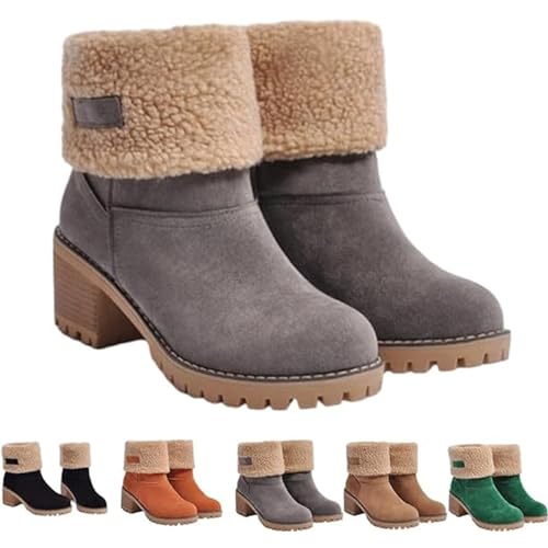 Libiyi Stiefel, Winter-Schneestiefel für Damen, mittelhoher Absatz, Schlupfschuhe, Dotmall-Stiefel für Damen, warme Schneestiefel, Outdoor-Schuhe, grau, 38 2/3 EU von FASWAR