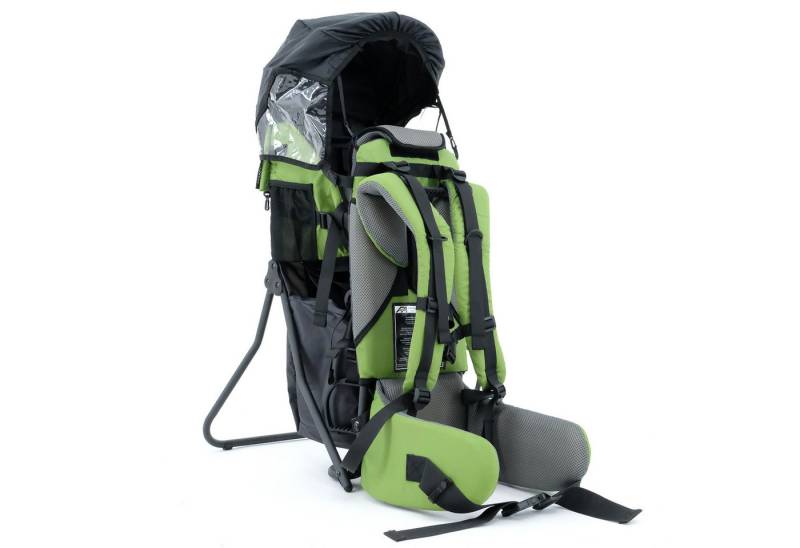 FASports Rückentrage Lil' Boss Kinderkraxe, Kindertrage (grün-grau, 1-tlg), Babytrage, 5-Punkt-Sicherungsgurt, Regen- und Sonnendach, Taschen von FASports