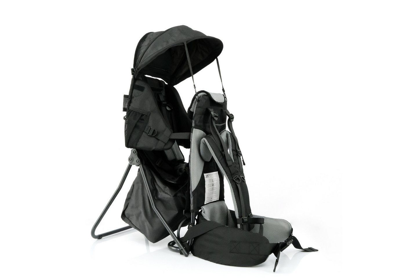 FASports Rückentrage Lil' Boss Kinderkraxe, Kindertrage (schwarz-grau, 1-tlg), Babytrage, 5-Punkt-Sicherungsgurt, Regen- und Sonnendach, Taschen von FASports