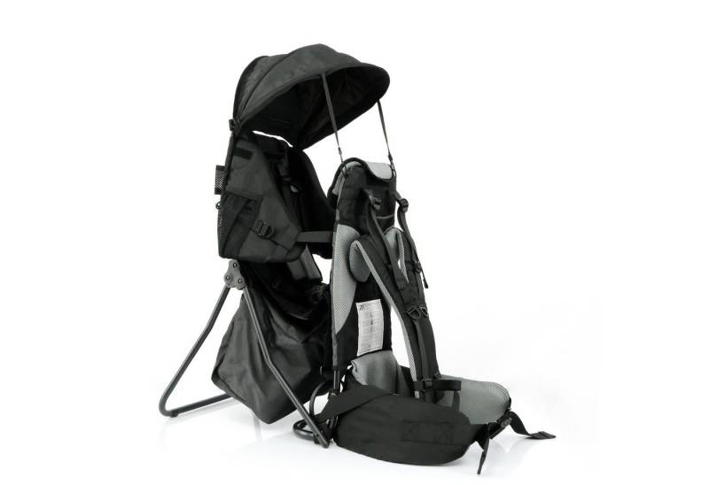 FASports Rückentrage Lil' Boss Kinderkraxe, Kindertrage (schwarz-grau, 1-tlg), Babytrage, 5-Punkt-Sicherungsgurt, Regen- und Sonnendach, Taschen von FASports