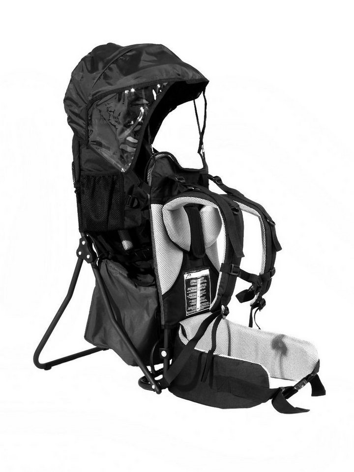 FASports Rückentrage Lil' Boss Kinderkraxe, Kindertrage Schwarz-Grau (1-tlg), Babytrage, 5-Punkt-Sicherungsgurt, Regen- und Sonnendach, Taschen von FASports