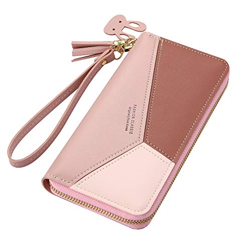 FATASH Dreifarbige Damen-Geldbörse aus PU-Leder, RFID-blockierend, lange Geldbörse mit Reißverschlusstasche, elegantes Handy, Kartenhalter und Münzfach, schlankes, stilvolles Design, Reise-Clutch für von FATASH