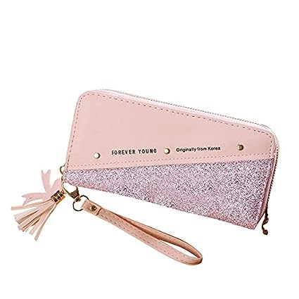 FATASH Frauen Glitzer Leder Geldbörse Reißverschluss Geldbörse Kreditkartenhalter RFID Blocking Kleine Kompakt Bifold Luxus Echtes Leder Fall Clutch Handtasche, rose, Casual von FATASH