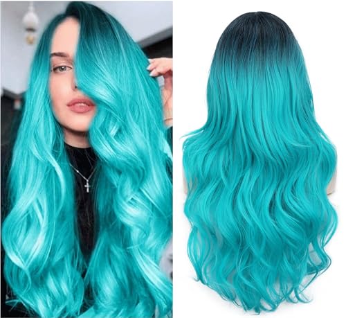 FAVE Blaugrüne Perücke, lange gewellte Perücke mit seitlichem Teil, hitzebeständig, blaugrünes Kunsthaar, Meerjungfrau-Perücke für Damen, Cosplay-Party-Perücke (Ombré-Blaugrün) von FAVE