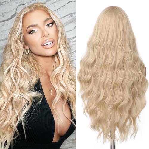 FAVE Lange blonde Perücke, gewellt, Kunsthaarperücke, Platinblond, Mittelscheitel, Naturblond, Perücke für weiße Frauen (71,1 cm) von FAVE