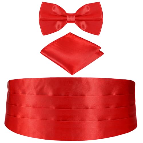 FAVOMOTO 3pcs Herren Kummerbund Einstecktuch Fliege Formelle Anzug Accessoires Einstecktuch Bund, Fliege, Herren Kummerbund Set, inklusive (Rot) von FAVOMOTO