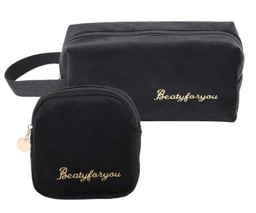 FAVORTALK Make-up-Tasche für Damen, klein, 2 Stück, Make-up-Tasche und Münztasche, tragbare Kosmetiktasche, Reise-Organizer, Kulturbeutel, schwarz 1, 21 X 11 X 8.5 cm / 8.27 X 4.33 X 3.35 inches, von FAVORTALK