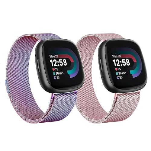 Metallband, kompatibel mit Fitbit Versa 4 / Sense 2 / Versa 3 / Sense Bands für Damen und Herren, Edelstahl, weiches Netzband, Ersatzarmband für Fitbit Sense 2/3/Sense/Versa 4 (lila und rosa, klein) Metallband, kompatibel mit Fitbit Versa 4 / Sense 2 / Versa 3 / Sense Bands für Damen und Herren, Edelstahl, weiches Netzband, Ersatzarmband für Fitbit Sense 2/3/Sense/Versa 4 (lila und rosa, klein) von FAVZCBVIN