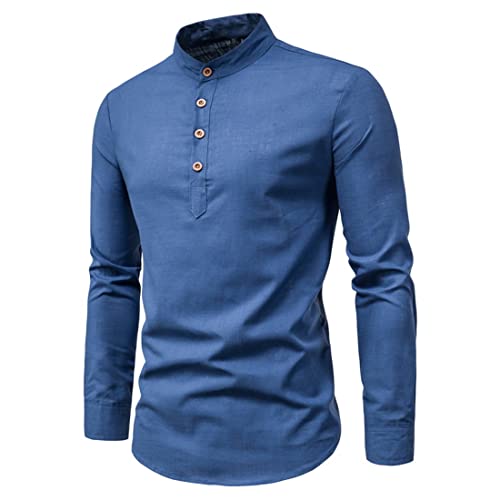 FAWHEWX Herren Baumwoll- und Leinenhemd Langarmhemd Henry Freizeithemd Stehkragen T-Shirt Langarmhemd Regular Fit Hemd Herbst Herrenhemd Leichtes Freizeithemd Businesshemd(E-Blau/5XL) von FAWHEWX