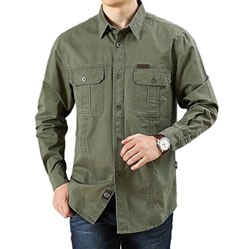 FAWHEWX Herren Button-Down-Hemd, Baumwollwaschung, lässige Langarmjacke, Herren-Langarmshirt mit normaler Passform, lockeres Langarm-Freizeithemd mit Brusttasche,(C-Grün/4XL) von FAWHEWX