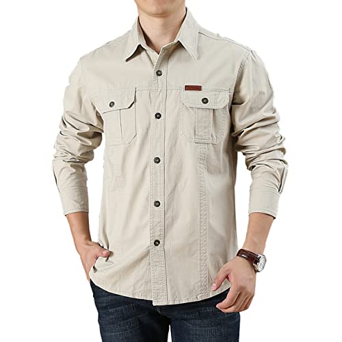 FAWHEWX Herren Button-Down-Hemd, Baumwollwaschung, lässige Langarmjacke, Herren-Langarmshirt mit normaler Passform, lockeres Langarm-Freizeithemd mit Brusttasche,(D-Beige/5XL) von FAWHEWX