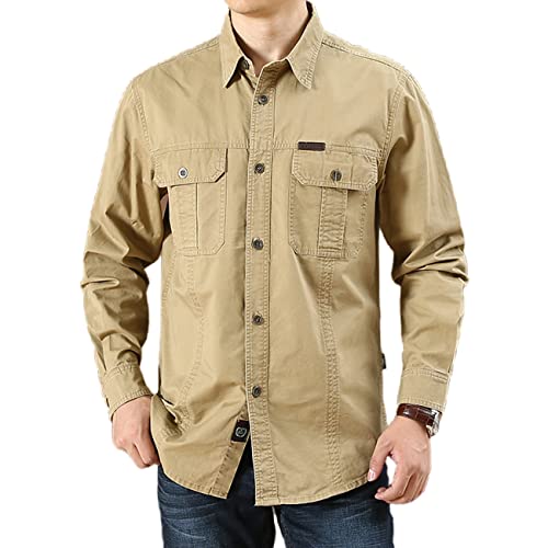 FAWHEWX Herren Button-Down-Hemd, Baumwollwaschung, lässige Langarmjacke, Herren-Langarmshirt mit normaler Passform, lockeres Langarm-Freizeithemd mit Brusttasche,(E-Khaki/3XL) von FAWHEWX