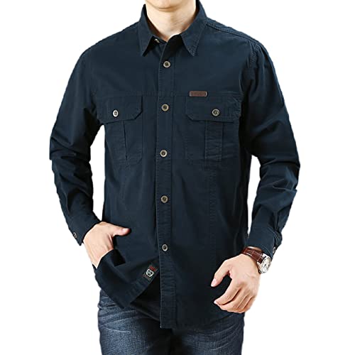 FAWHEWX Herren Button-Down-Hemd, Baumwollwaschung, lässige Langarmjacke, Herren-Langarmshirt mit normaler Passform, lockeres Langarm-Freizeithemd mit Brusttasche,(F-Blau/4XL) von FAWHEWX