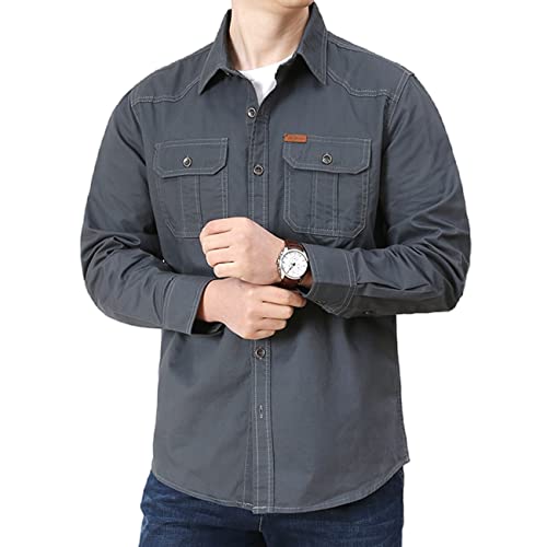 FAWHEWX Herren Button-Down-Hemd, Baumwollwaschung, lässige Langarmjacke, Herren-Langarmshirt mit normaler Passform, lockeres Langarm-Freizeithemd mit Brusttasche,(G-Grau/6XL) von FAWHEWX