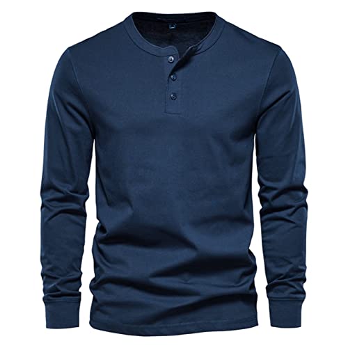 FAWHEWX Herren Casual Fashion Langarm T-Shirt Rundhals Henley Slim Button Top Leichtes und bequemes Sport Langarm T-Shirt Herbst Herren Einfarbig Henley Shirt Rundhals Basic Langarm(G-Blau 1/XXL) von FAWHEWX