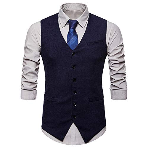 FAWHEWX Herren Cord Retro V-Ausschnitt Anzugweste Weste Herbst und Winter Herrenmode Urban Einreiher Design Business Formelle Weste Slim Anzug Smoking Kleid Weste(F-Marine/M) von FAWHEWX