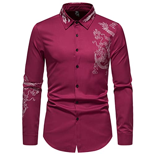 FAWHEWX Herren-Hemd mit Drachen-Stickerei, langärmelig, reguläre Passform, Business-Casual, Button-Down-Hemd, Herren-Freizeithemd, Slim-Fit, Button-Down-Langarm-Kleiderhemd-Oberteil(A-Rot/M) von FAWHEWX