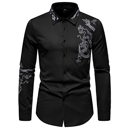 FAWHEWX Herren-Hemd mit Drachen-Stickerei, langärmelig, reguläre Passform, Business-Casual, Button-Down-Hemd, Herren-Freizeithemd, Slim-Fit, Button-Down-Langarm-Kleiderhemd-Oberteil(B-Schwarz/M) von FAWHEWX