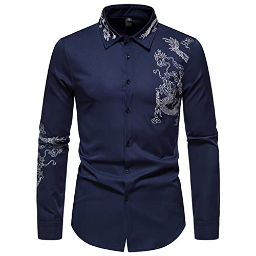 FAWHEWX Herren-Hemd mit Drachen-Stickerei, langärmelig, reguläre Passform, Business-Casual, Button-Down-Hemd, Herren-Freizeithemd, Slim-Fit, Button-Down-Langarm-Kleiderhemd-Oberteil(D-Blau/M) von FAWHEWX