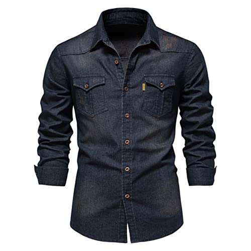 FAWHEWX Herren-Jeanshemd, Stretch-Baumwolle, Reversoberteil, Arbeitshemd, Knopfhemd, Jeansjacke, Muskel-Slim-Fit, Herren-Denim, bügelfrei, lässig, einfarbig, bügelfrei, Langarmhemd(B-Blau/L) von FAWHEWX