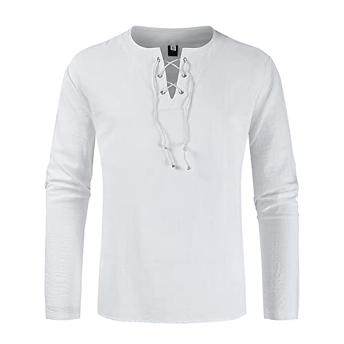 FAWHEWX Herren Lässiges Baumwoll- und Leinenhemd Langarm V-Ausschnitt Schnür-Hippie-Strandhemd V-Ausschnitt Henley-Hemd Herren Leinenhemd Traditionelles Retro-Stil Schnür-Langarmhemd(EIN weißer/M) von FAWHEWX
