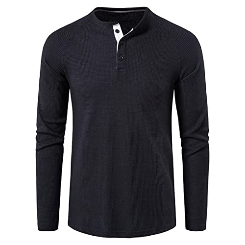 FAWHEWX Herren Langarm-Henley-Hemd mit Waffelmuster, reguläre Passform, Knopf-Henley-Kragen, Langarm-T-Shirt, Frühling und Herbst, Herren-Basic-Langarmshirt, Waffelstrick-Freizeithemd(B-Schwarz/XL) von FAWHEWX