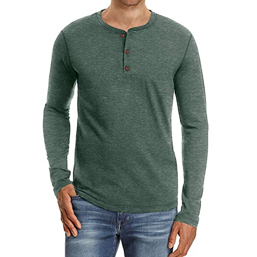 FAWHEWX Herren-Langarmshirt mit 3 Knöpfen, Henley-T-Shirt, Baumwoll-Top, Henley-T-Shirt, Herren-Langarmshirt, Baumwolle, Slim-Fit-Hemd, Knopfleiste, Rundhalsausschnitt, Basic-Langarm,(B-Grün/L) von FAWHEWX