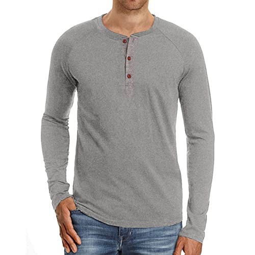 FAWHEWX Herren-Langarmshirt mit 3 Knöpfen, Henley-T-Shirt, Baumwoll-Top, Henley-T-Shirt, Herren-Langarmshirt, Baumwolle, Slim-Fit-Hemd, Knopfleiste, Rundhalsausschnitt, Basic-Langarm,(F-Grau 1/L) von FAWHEWX