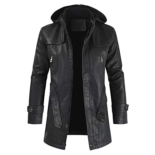 FAWHEWX Herren PU-Kunstleder-Motorrad-Pilotenmantel mit Kapuze, lässiger Retro-Motorrad-Ledermantel mit Kapuze, extra lang, lockerer Fleece-Winterpelzmantel mit Gürtel,(Schwarz/XXL) von FAWHEWX