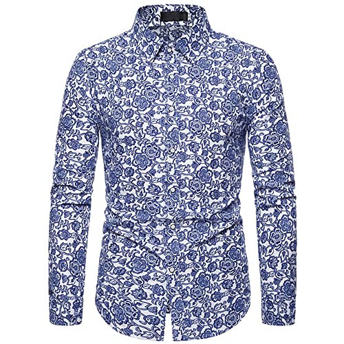 FAWHEWX Herren Regular Fit Blumen Businesshemd Langarm Knopfdruck Freizeithemd Herren Blumenhemd Langarmhemd Gemustert Paisley Freizeithemd Langarm Freizeithemd Mehrfarbig(D-Blau/L) von FAWHEWX