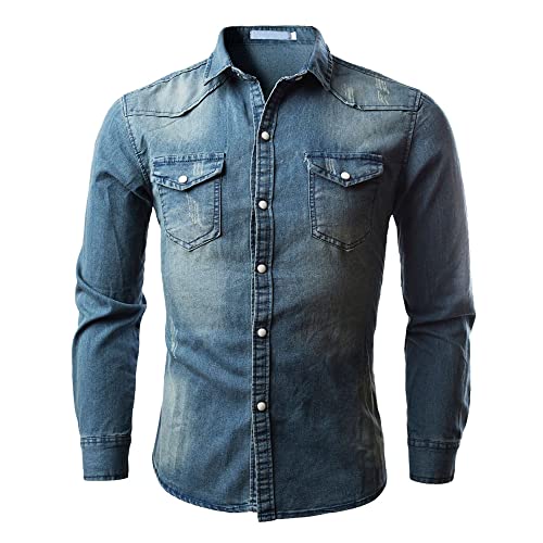 FAWHEWX Herren Slim Fit Langarm-Jeanshemd, lässiges Button-Down-Hemd, Langarm, Stretch-Baumwoll-Oberteil, Herren-Business-Hemd, Langarm, reguläre Passform, Arbeits-Jeanshemd(EIN blaues/L) von FAWHEWX