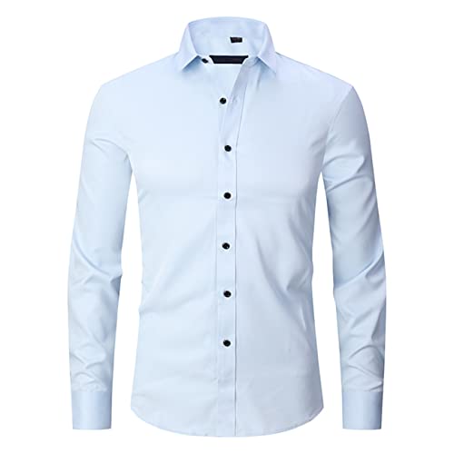 FAWHEWX Herren-Stretch-Dünn-Business-Langarmhemd Slim Fit Polyester Einfarbig Stretch-Langarmhemd Herren-Langarm-Kleiderhemd Einfarbig Slim Casual Business-Button-Down-Hemd(C-Blau/3XL) von FAWHEWX