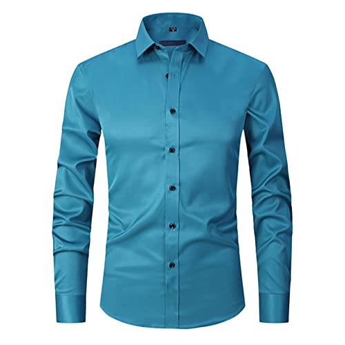 FAWHEWX Herren-Stretch-Dünn-Business-Langarmhemd Slim Fit Polyester Einfarbig Stretch-Langarmhemd Herren-Langarm-Kleiderhemd Einfarbig Slim Casual Business-Button-Down-Hemd(H-Blau 1/M) von FAWHEWX