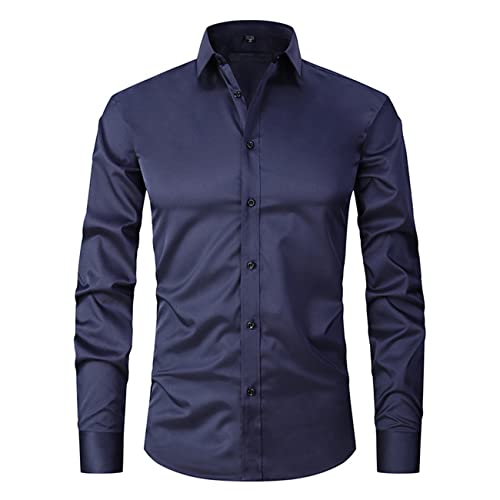 FAWHEWX Herren-Stretch-Dünn-Business-Langarmhemd Slim Fit Polyester Einfarbig Stretch-Langarmhemd Herren-Langarm-Kleiderhemd Einfarbig Slim Casual Business-Button-Down-Hemd(J-Blau 2/L) von FAWHEWX