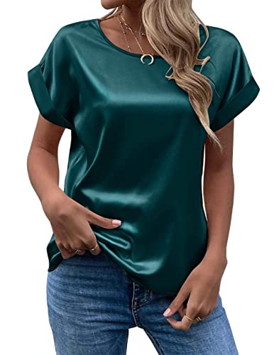 FAWHEWX Seidenhemd Damen Kurzarm Rundhals Satin Hemd Lose Tunika Tops Sommer Frauen Elegant Rundhals Kurzarm Satin Seidenhemd T-Shirt Oberteil(Grün/2XL) von FAWHEWX