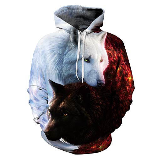 FAWHEWX Unisex 3D Rot + Weiß Wolf Print Hoodie Herbst und Winter Herren Langarm Sweatshirt Neon Print Hoodie 3D Muster Pullover Tier Sportbekleidung(EIN weißer/L) von FAWHEWX