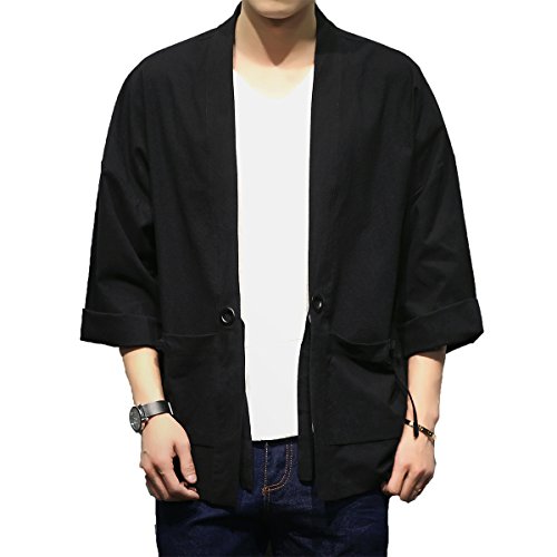 Herren Cardigan aus Baumwollmischgewebe, Leinen, offene Vorderseite, Stickerei, Kimono-Jacken, Schwarz-07, L von FAXIKIO