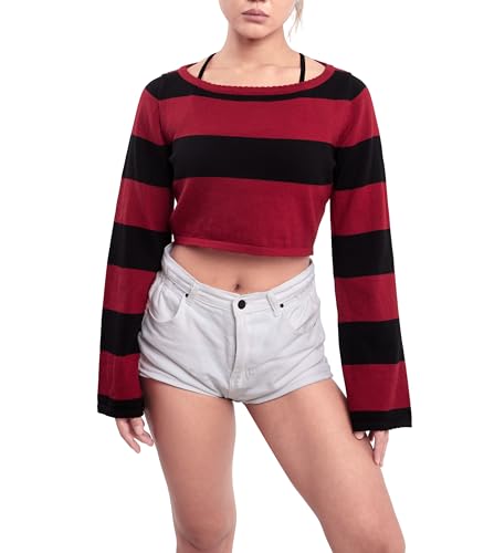 Gestreifte Cropped Pullover Frauen Gothic Boot Ausschnitt Drop Schulter Pullover Langarm Strick Crop Top Y2K Streetwear Tops, Schwarz, Groß von FAYALEQ