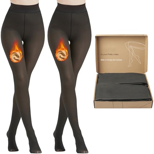 Fleece gefütterte Strumpfhosen Frauen Warme Thermostrumpfhose Sheer Fake Faux Durchscheinende Strumpfhose Winter Dicke Strumpfhosen Leggings für Frauen, 2 Paar (Schwarz + Schwarz), S von FAYBOX