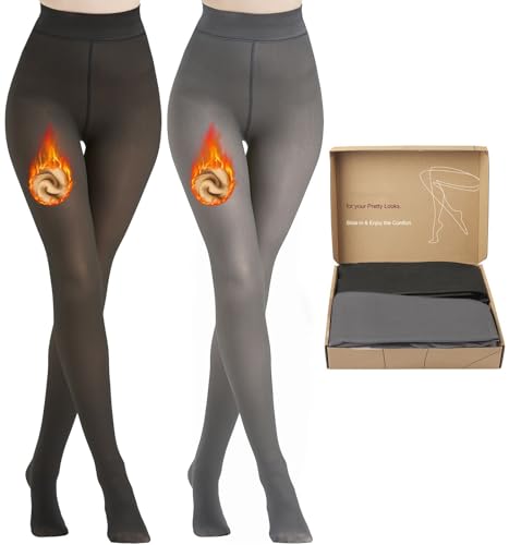 Fleece gefütterte Strumpfhosen Frauen Warme Thermostrumpfhose Sheer Fake Faux Durchscheinende Strumpfhose Winter Dicke Strumpfhosen Leggings für Frauen, 2 Paar (schwarz + grau), M von FAYBOX