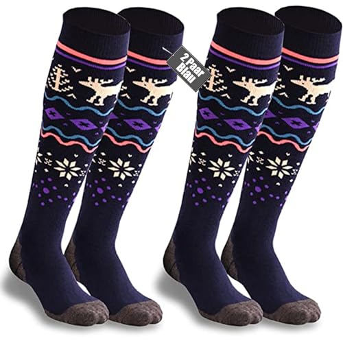 FAYHIJUN Skisocken Kinder Kniestrümpfe skistrümpfe 2 Paar 30-35 Merino wolle Performance Sportsocken Warme Wintersocken Für Mädchen Jungen Skifahren Snowboard Atmungsaktive(Blau/Violett, S) von FAYHIJUN