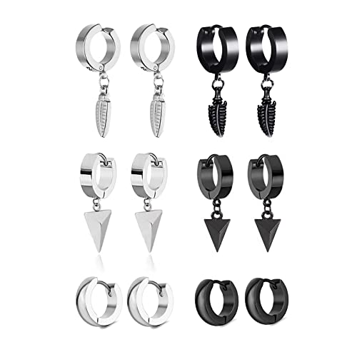 Männer Ohrringe Edelstahl 6 Paare Ohrringe Herren Medizinische Piercing Ohrstecker Runde Coole Ohrstecker Feder Creolen Ohrringe Schwarz Dangle Ohrringe für Männer Damen Jungen von FAZKAR