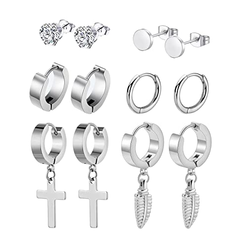 Männer Ohrringe Edelstahl 6 Paare Ohrringe Herren Medizinische Piercing Ohrstecker Runde Coole Ohrstecker Kreuz Creolen Ohrringe Dangle Ohrringe für Männer Damen Jungen von FAZKAR