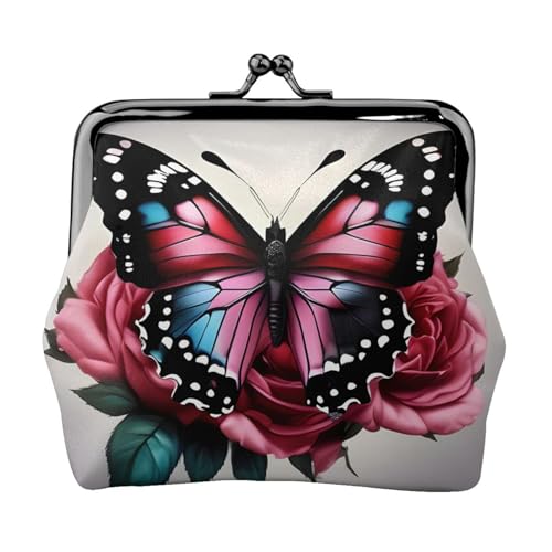 Münzbörse mit Rosen- und Schmetterlings-Aufdruck, kompakt, Kussschloss, Münztasche, Reißverschluss, Reisen, Einkaufen, Geschenk von FBGHHTY