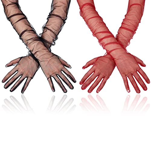 2 Paare Damen Lange Tüll Handschuhe Bloße Hochzeit Braut Handschuhe Ellenbogen Lange Opern Party Handschuhe，70cm（Schwarz，Burgundisch） von Lupsty