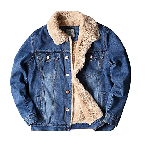 Herren Gefütterte Jeansjacke - Fleece Winter Sherpa Western Cowboy Mantel, Warmhalten Werkzeug Winddicht Verdicken Trucker Jeans Outwear, Button Down Langarm Übergröße,Blau,Xxl von FBYDLL