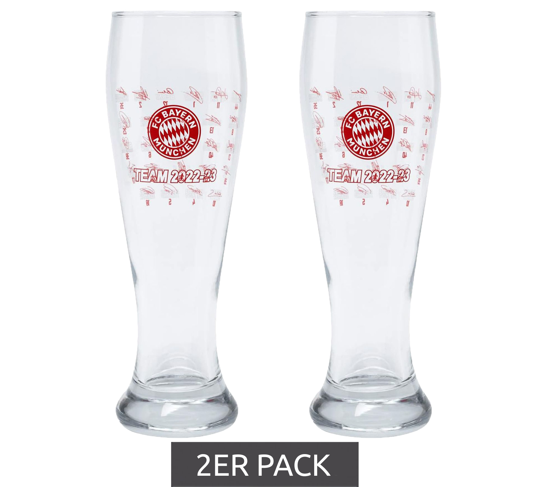 2er Sparpack FC Bayern München Team 2022/23 Bierglas – Offizielle Sammleredition 640ml Weizenbierglas 31324 Transparent/Rot von FC BAYERN MÜNCHEN